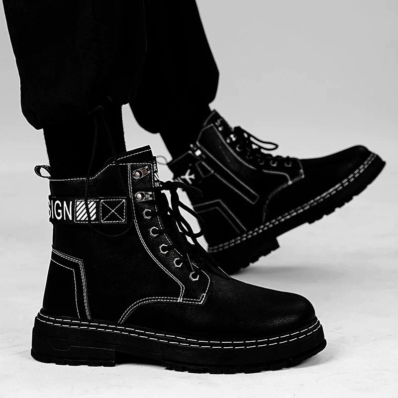 Elegant Endeavor Leather Chalk Outline Techwear Punk Boots