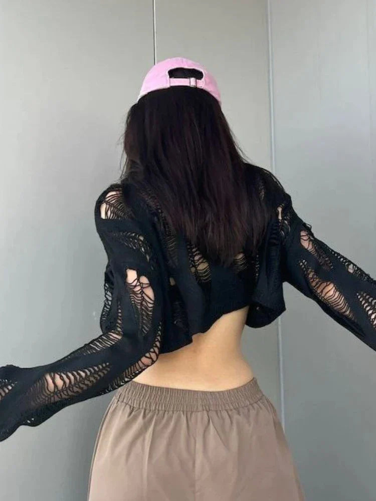 Streetwear Crop Black Pullover Mesh Top