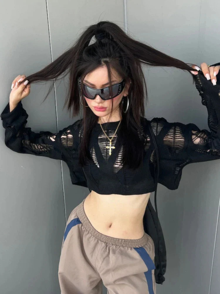 Streetwear Crop Black Pullover Mesh Top