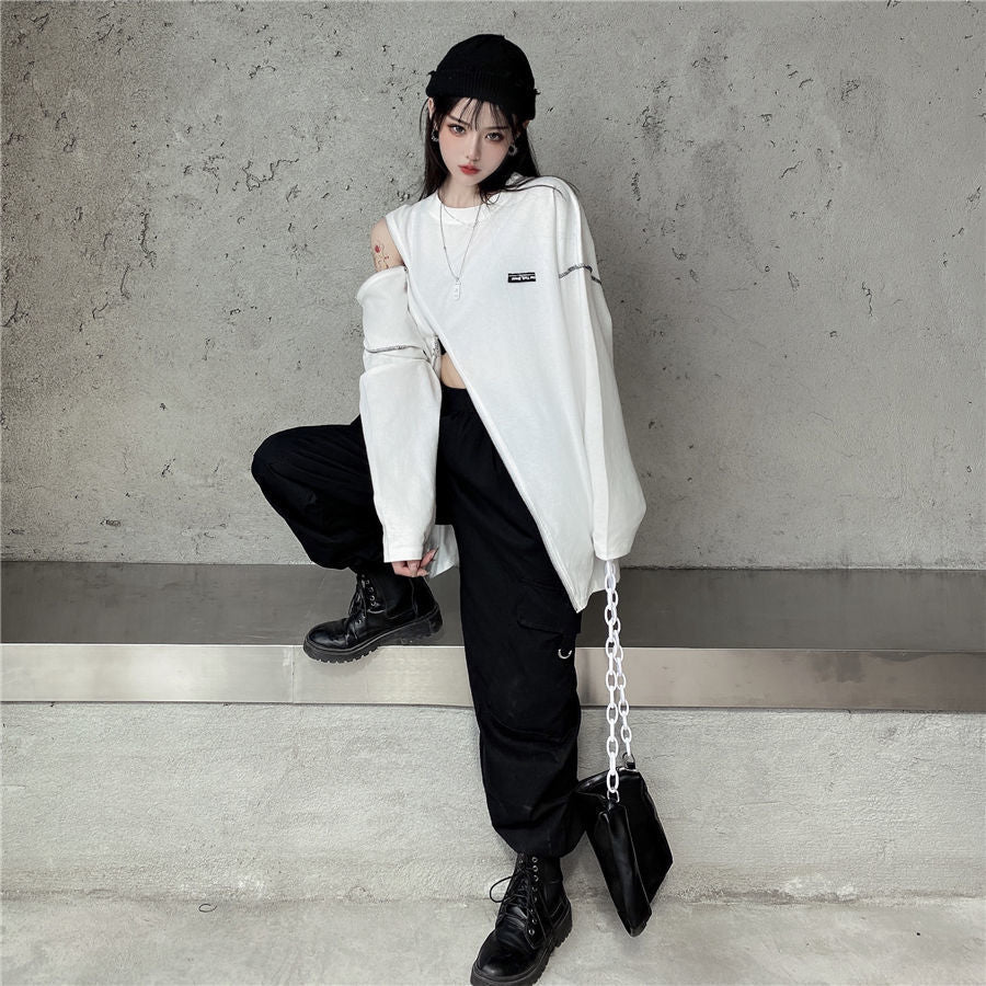 O-neck Style Harajuku Punk Off Zip Up T-Shirts - TechWearGiants